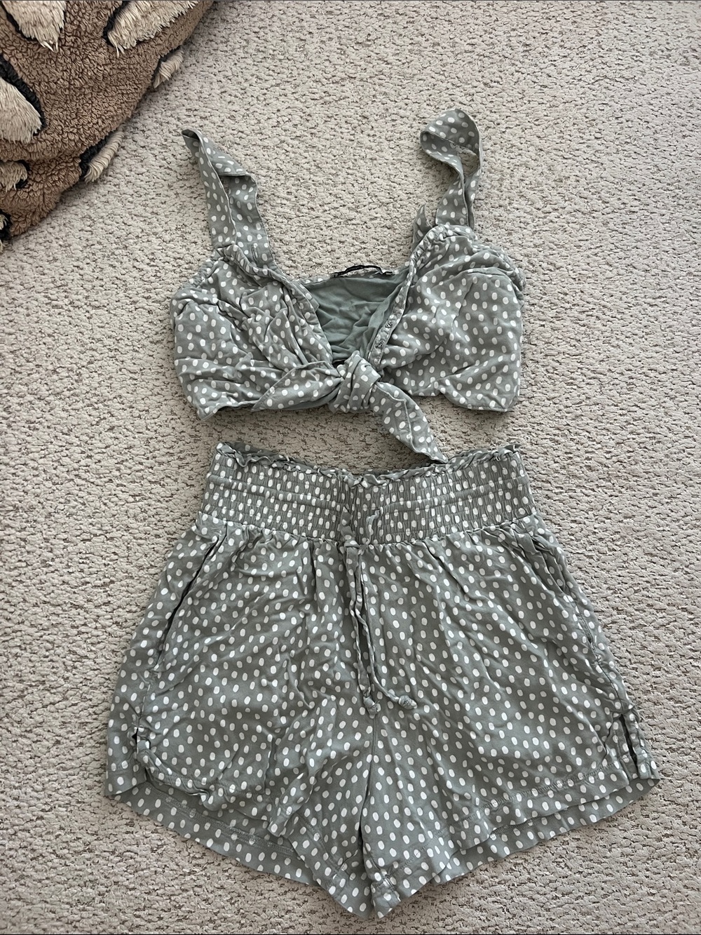 Ambercrombie Polka Dot Tie-Front Crop Top & High-Waist Shorts Set - Sage Green